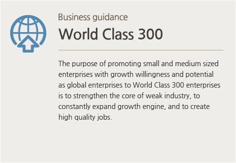 Business guidance World Class 300 : The purpose of promoting small and medium sized enterprises with growth willingness and potential as global enterprises to World Class 300 enterprises is to strengthen the core of weak industry, to constantly expand growth engine, and to create high quality jobs.